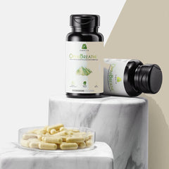 Mullein leaf detail on OMNIBREATHE packaging suggesting natural lung care