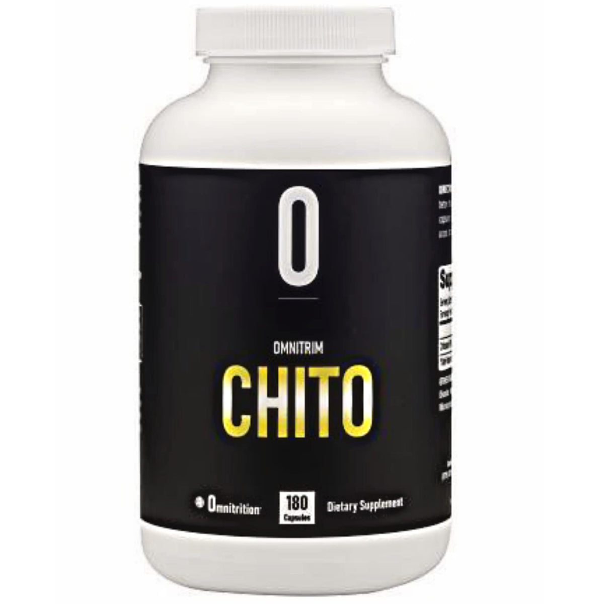 OmniTRIM Chito bottle label highlights 500 mg chitosan per capsule for fat management
