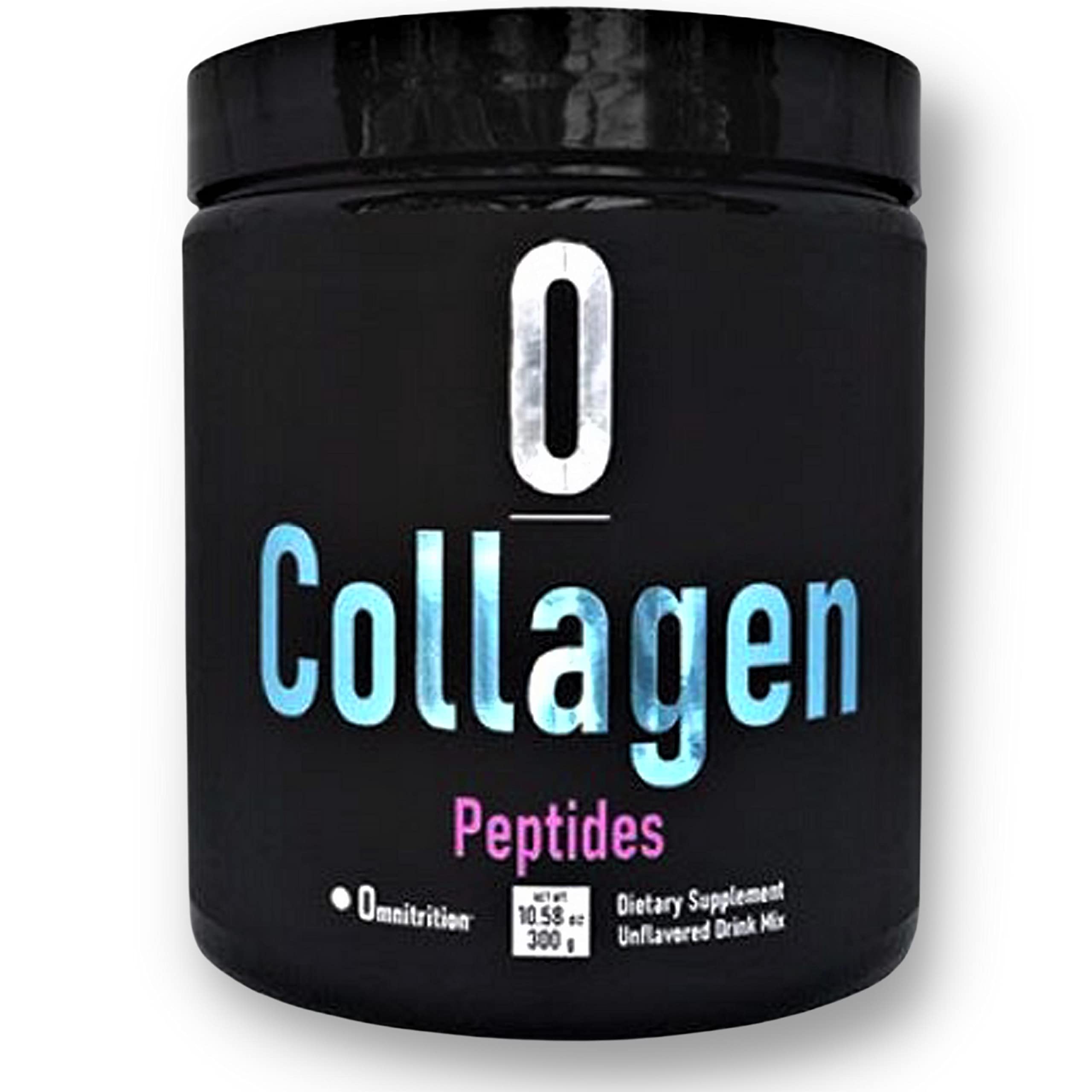 Omnitrition Collagen Peptides bottle shown beside a smoothie for versatility