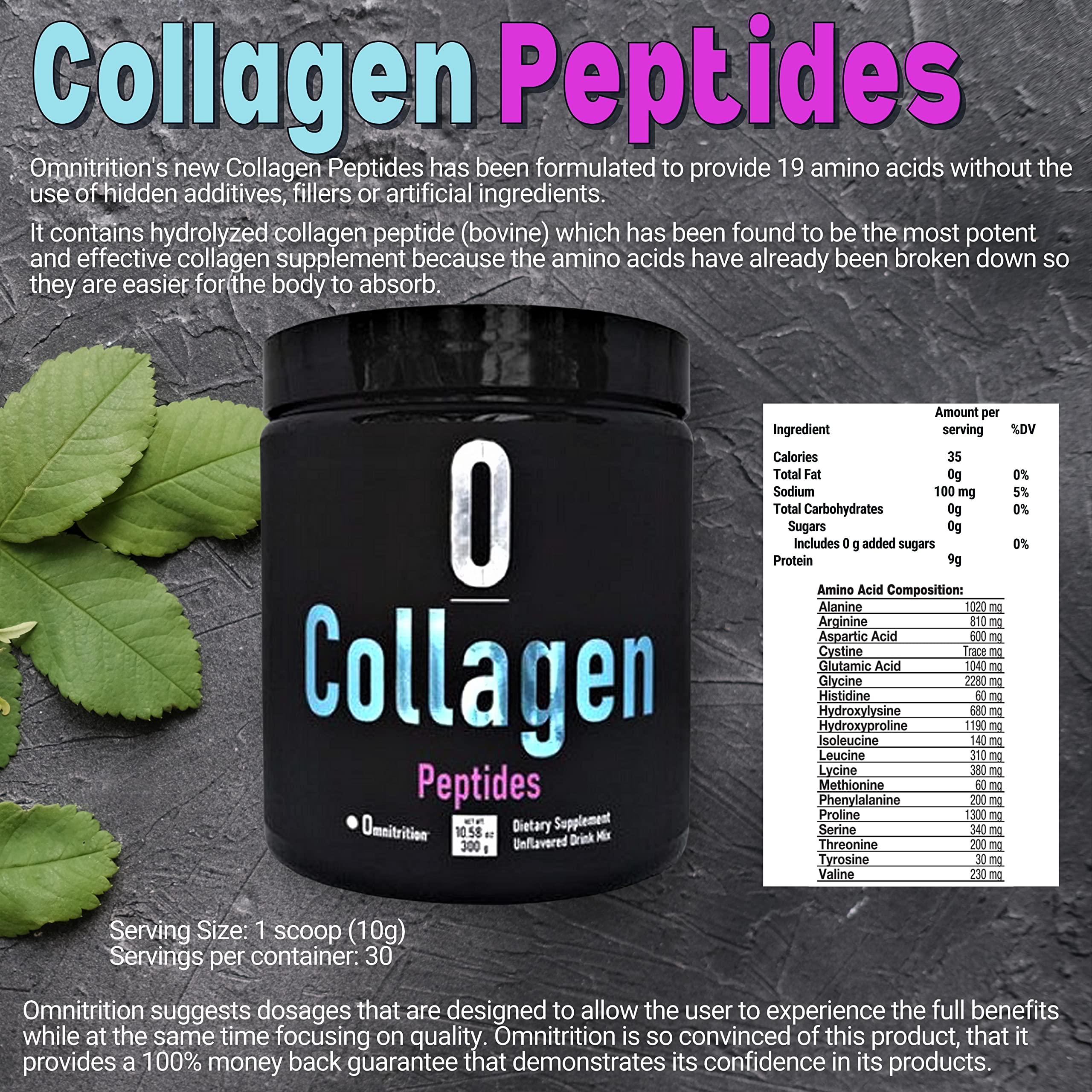 Omnitrition Collagen Peptides unflavored powder being dispensed for easy mixing