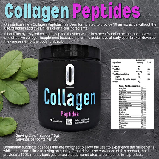 Omnitrition Collagen Peptides unflavored powder being dispensed for easy mixing