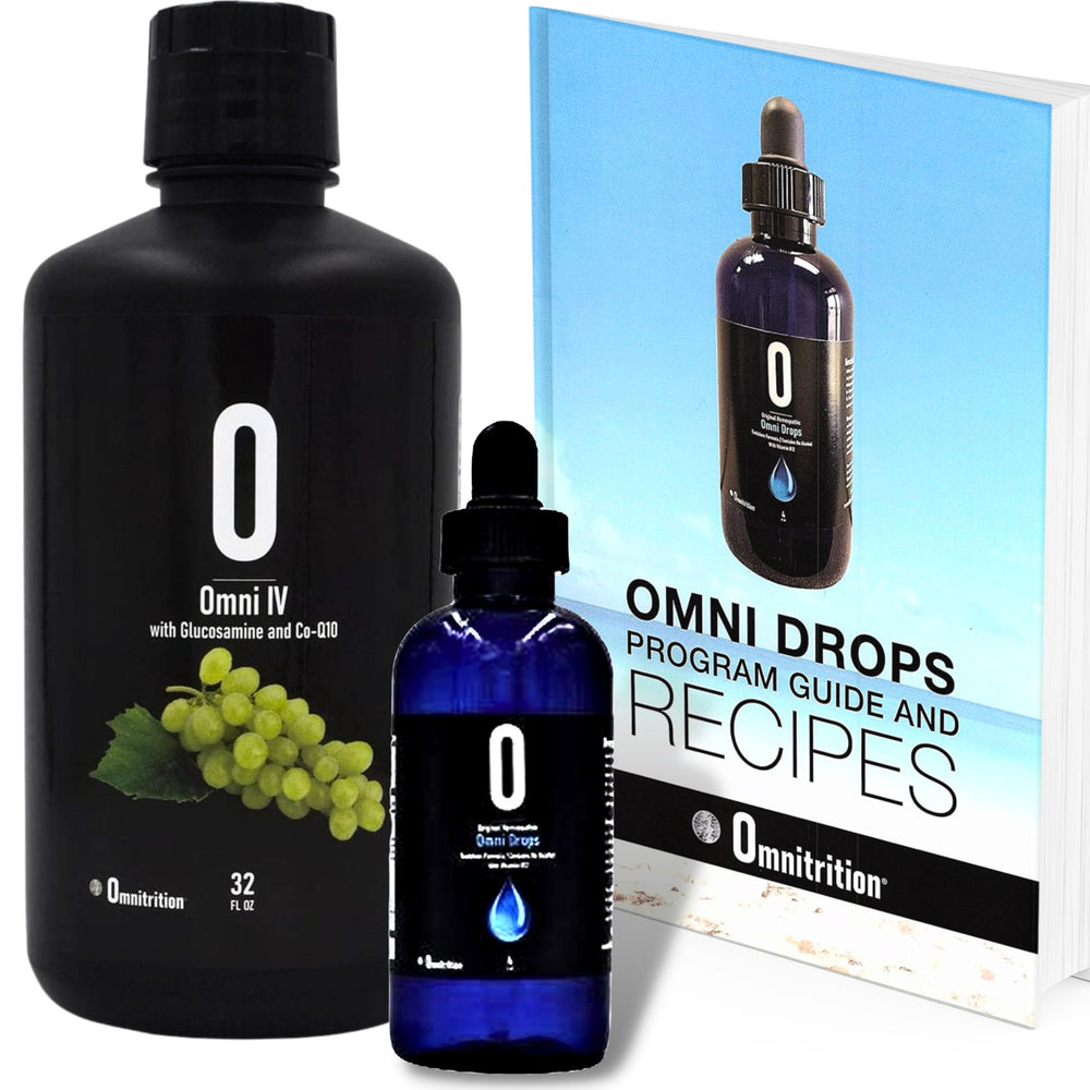 Omnitrition Omni Drops bottle with program guide for easy daily use.