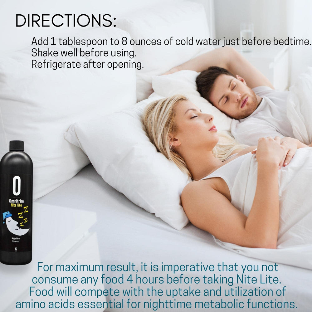 Omnitrition OmniTrim Nite Lite bottle beside nightstand for bedtime routine.