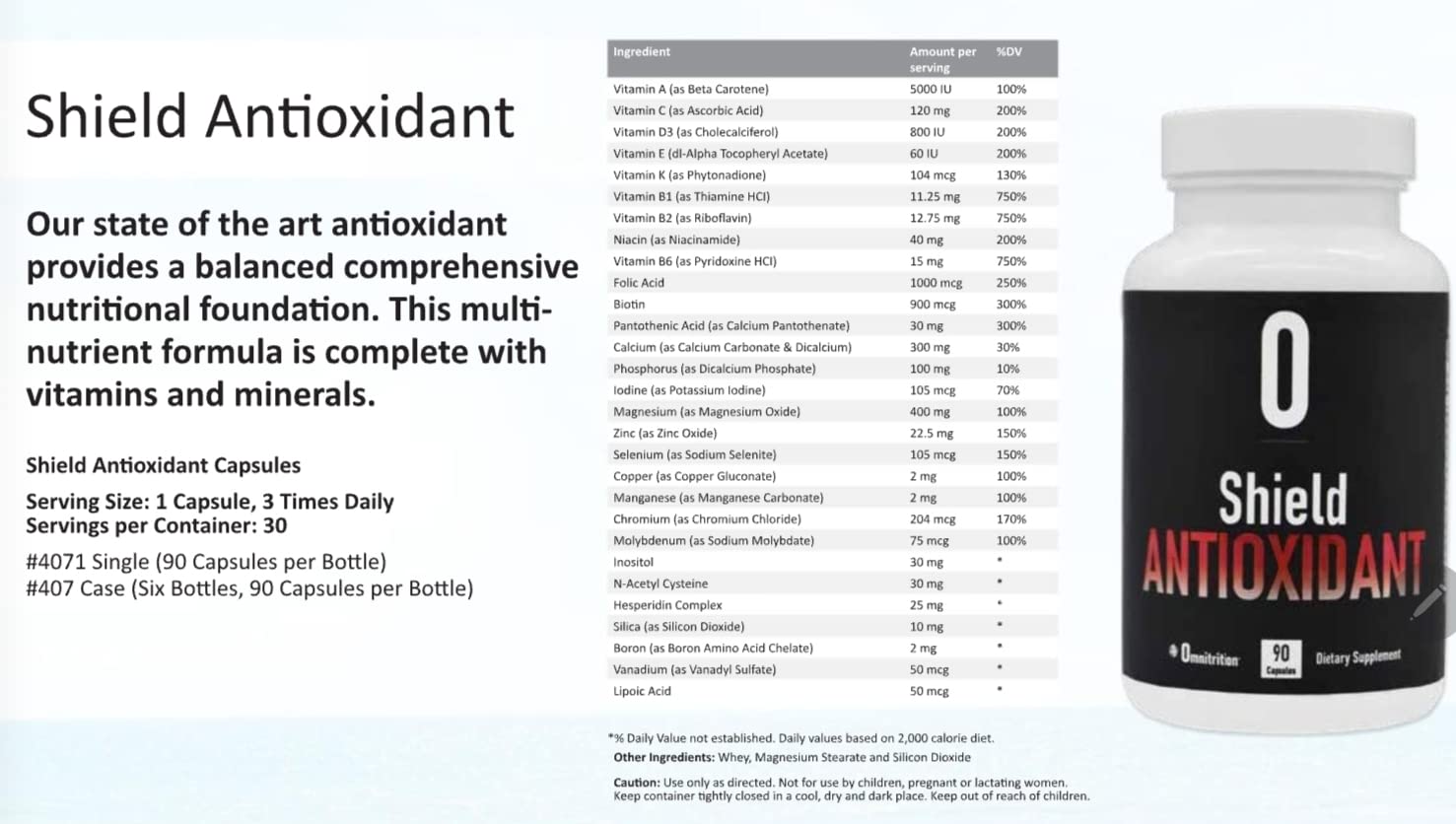 Omnitrition Shield Antioxidant bottle detail emphasizes high-quality capsules for everyday use