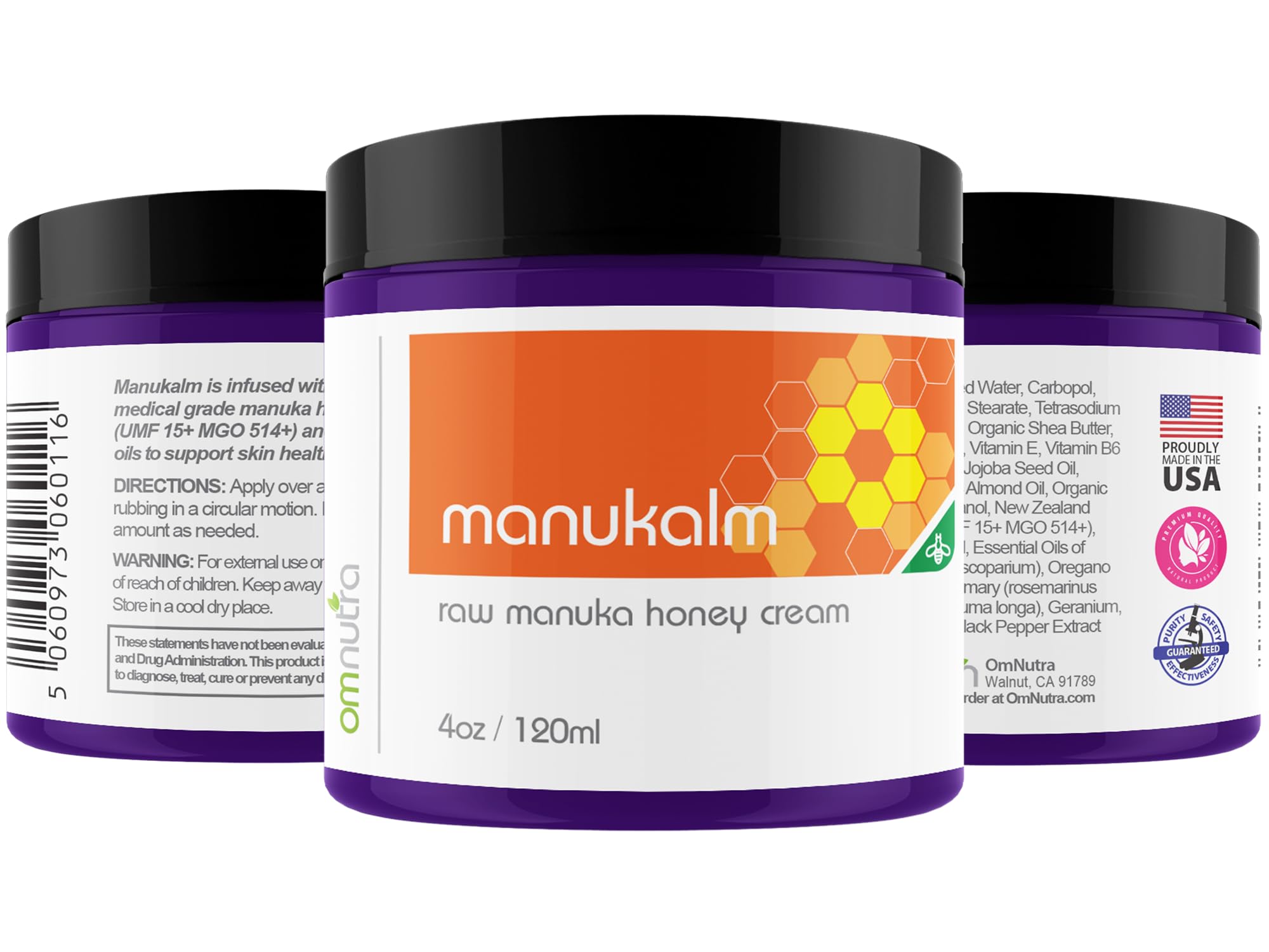 OmNutra New Zealand Manuka Honey Cream jar back features ingredient list and safety notes