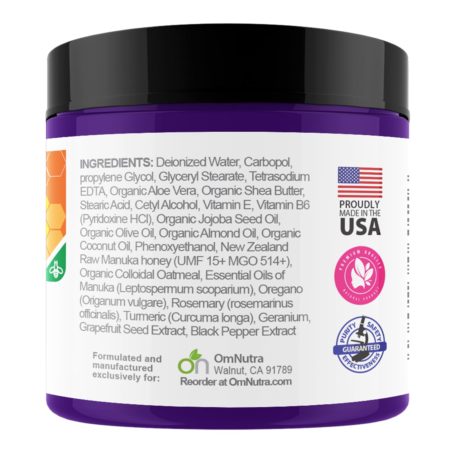 OmNutra New Zealand Manuka Honey Cream label closeup highlights UMF 15+ and MGO 514+ quality