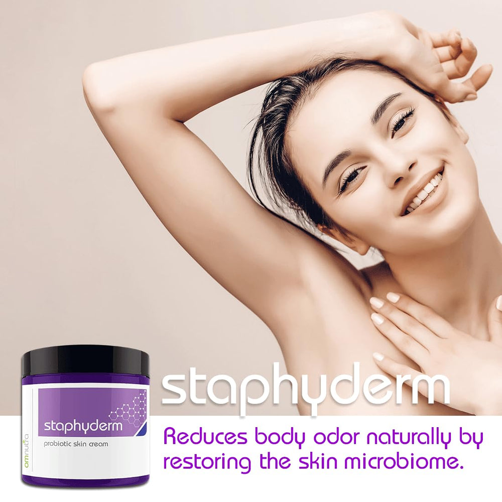 OmNutra Staphyderm skin close-up conveying nourishing, non-irritating care.