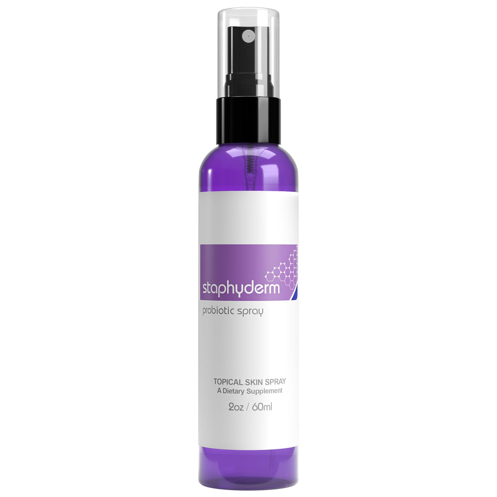OmNutra Staphyderm probiotic spray bottle front for soothing dry skin.
