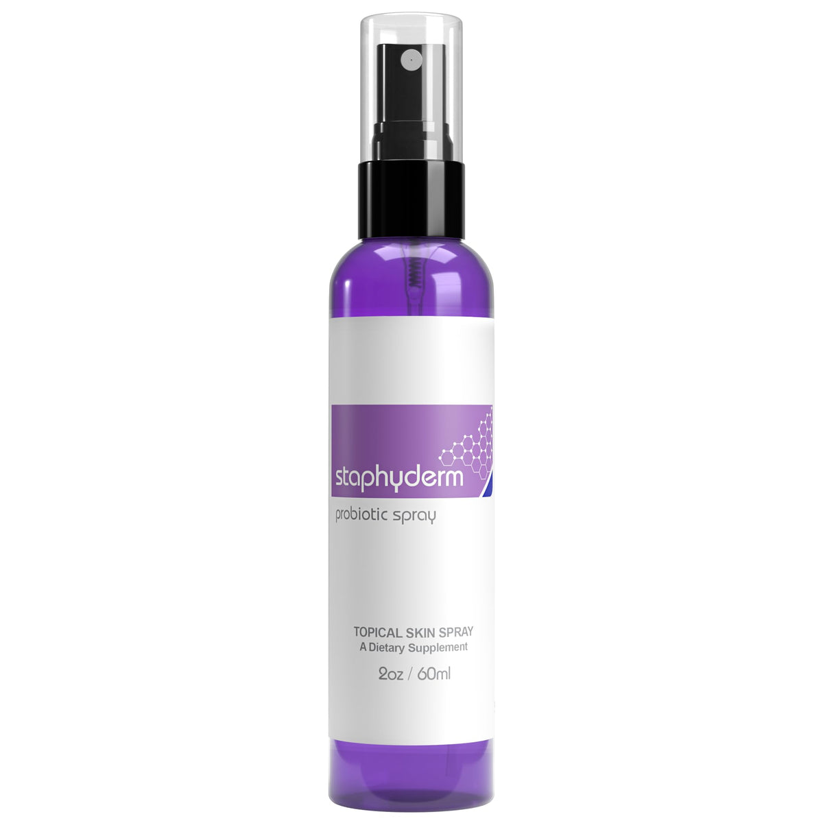 OmNutra Staphyderm probiotic spray bottle front for soothing dry skin.