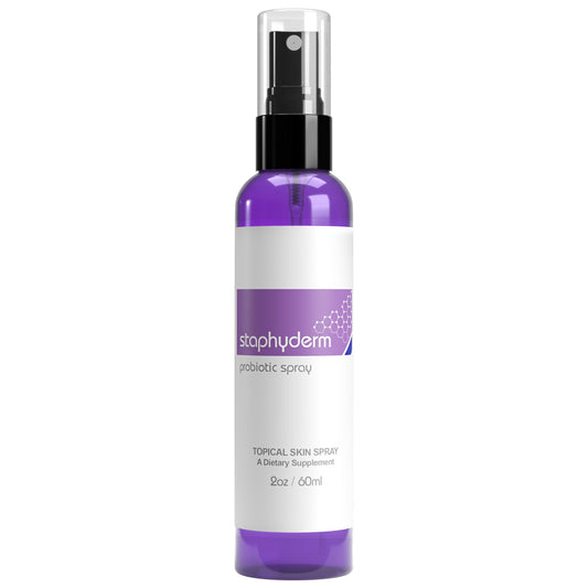OmNutra Staphyderm probiotic spray bottle front for soothing dry skin.
