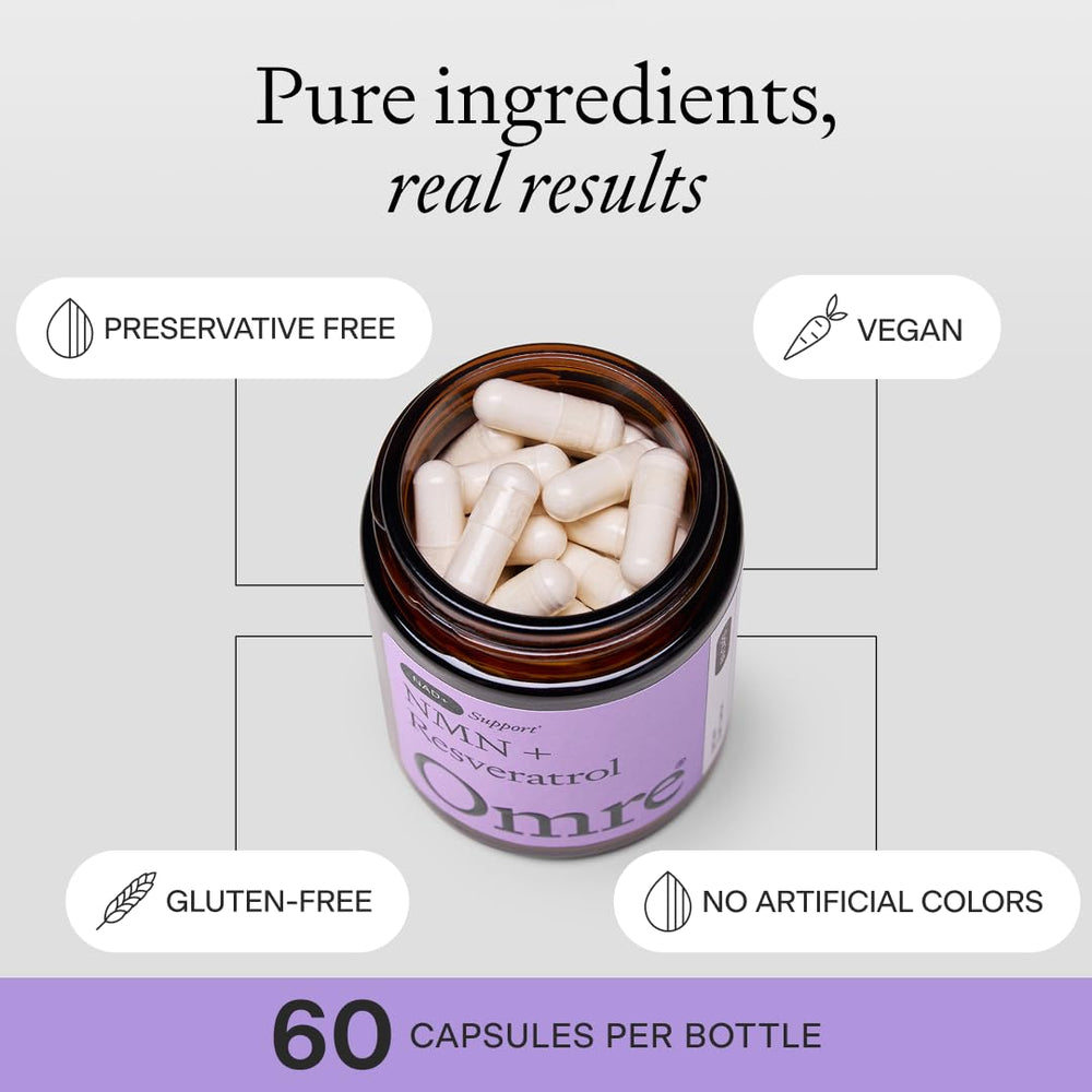 OMRE NMN + Resveratrol bottle being poured to show cap integrity