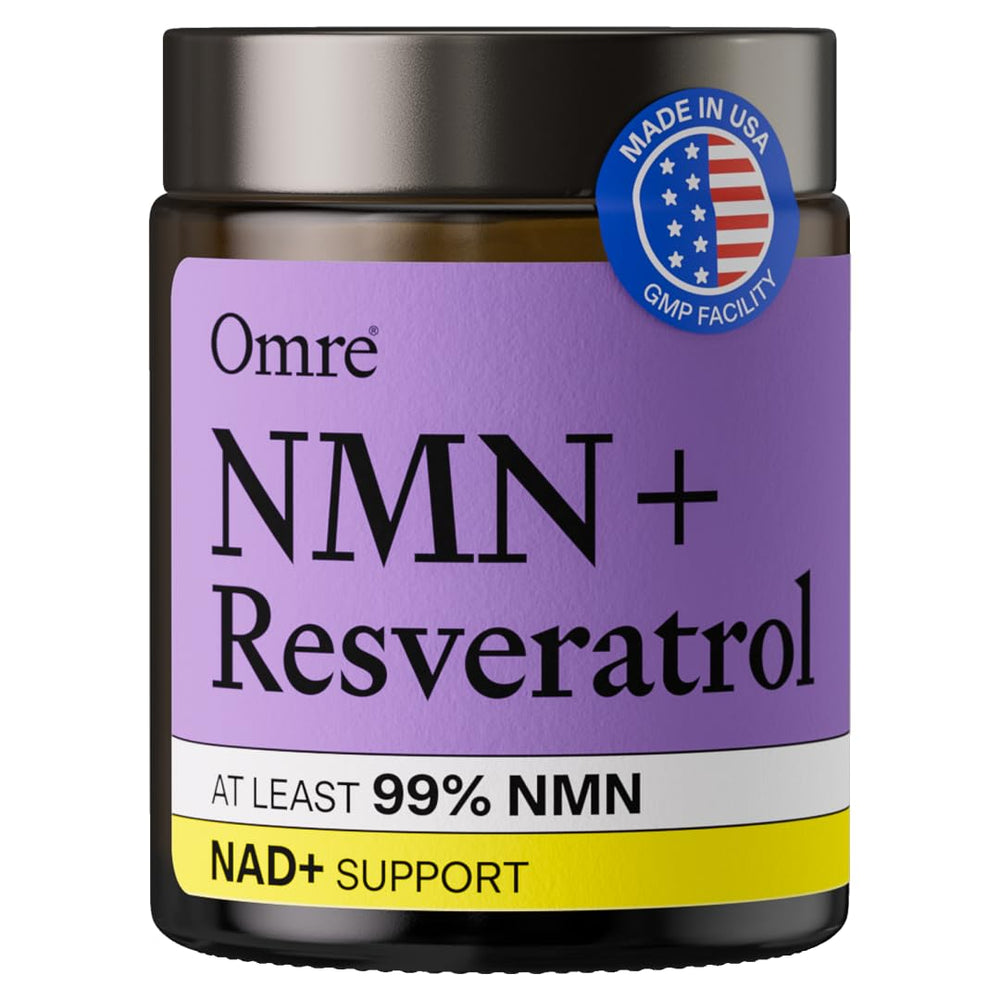 OMRE NMN + Resveratrol bottle shows high-purity formula for daily energy support