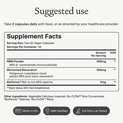 Packaging of OMRE NMN + Resveratrol highlighting purity and testing