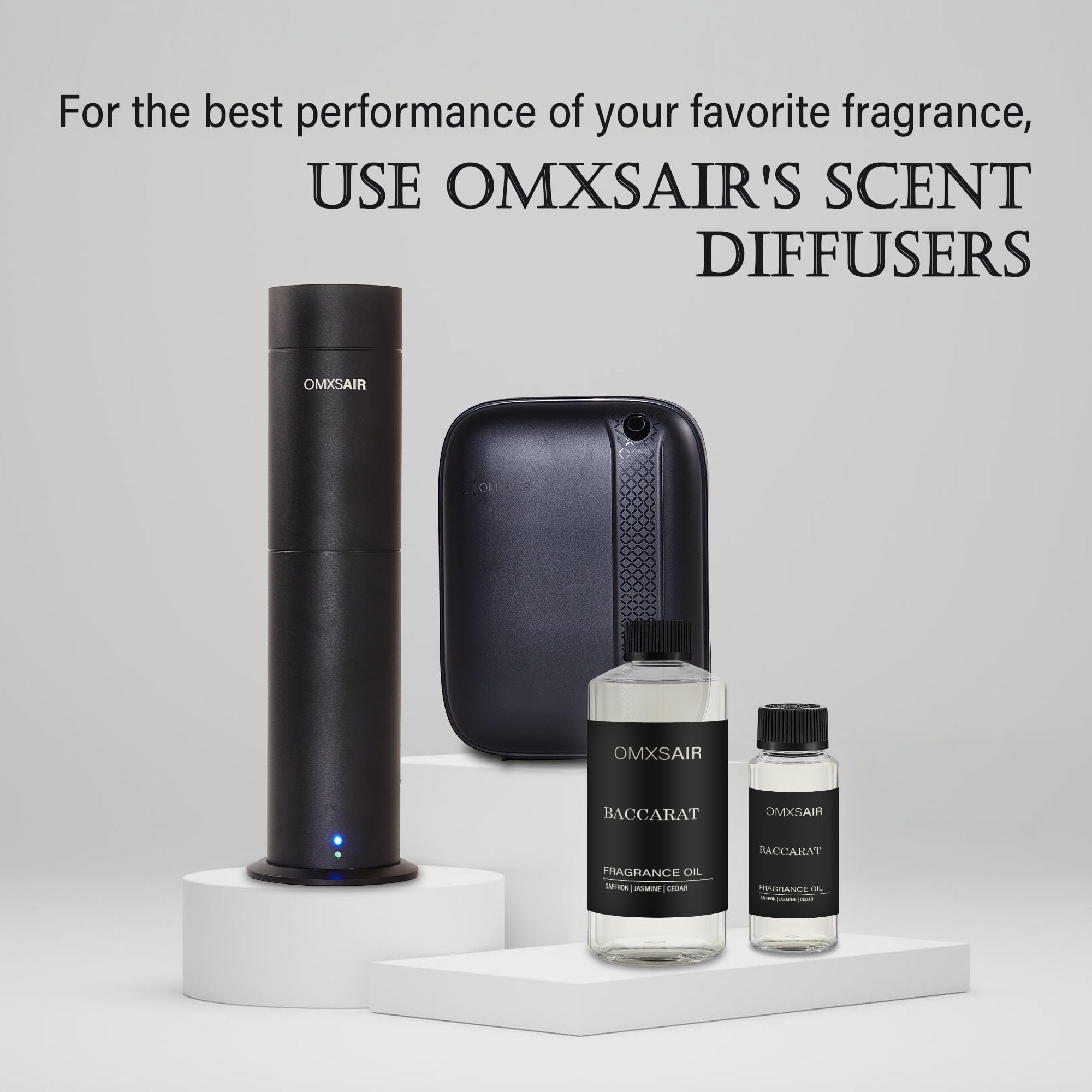 Omxsair Baccarat diffuser oil packaging emphasizing premium scent and quality.