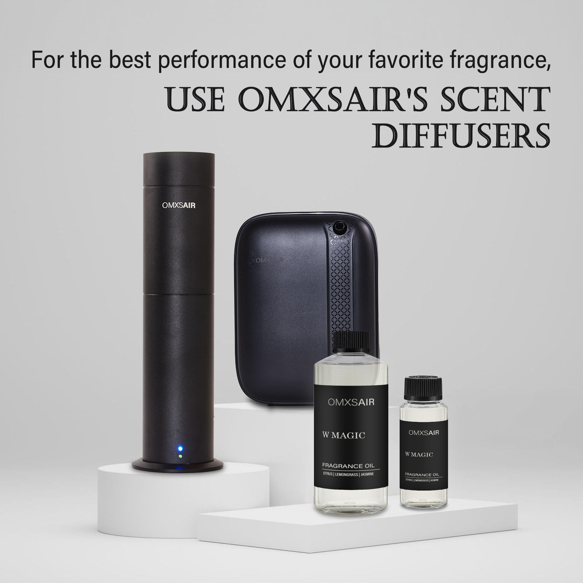 Omxsair W Magic diffuser oil bottle in a softly lit room evoking luxury atmosphere.