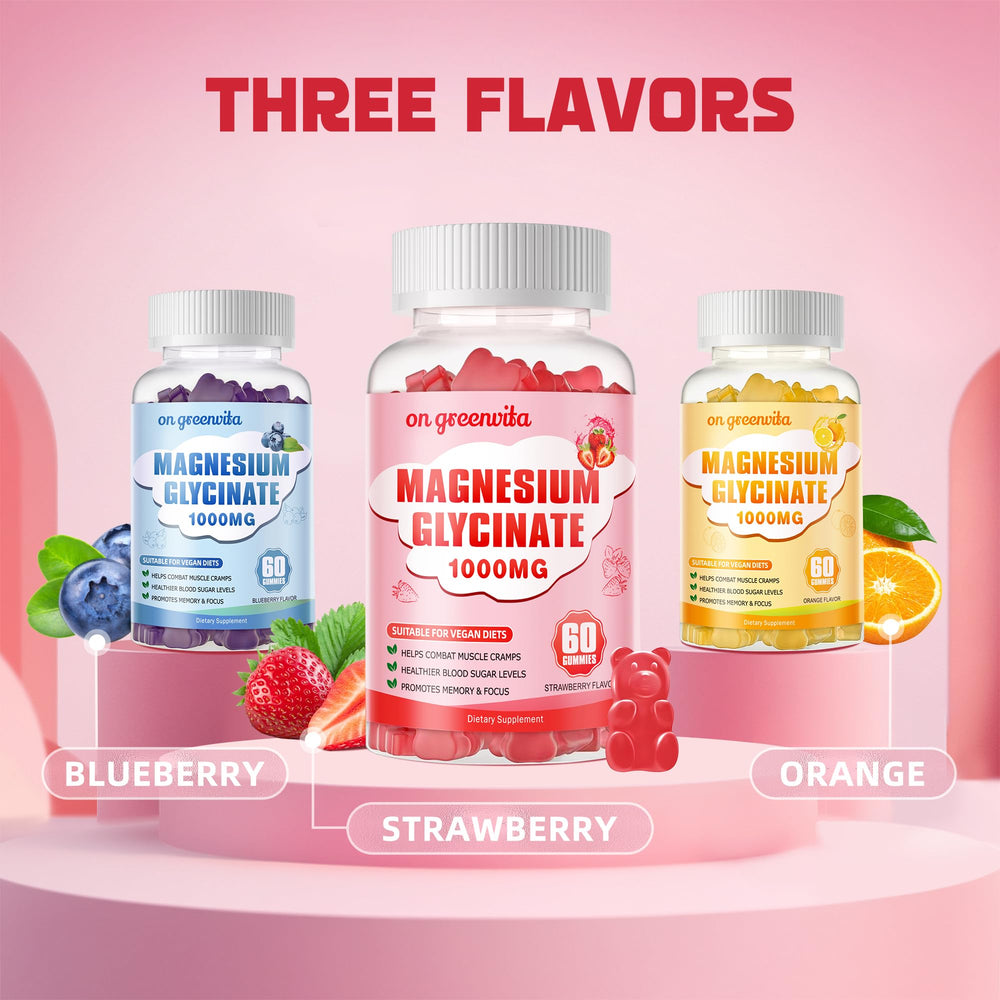 On Greenvita Magnesium Glycinate Gummies bottle back view highlighting gluten-free and gelatin-free formula.