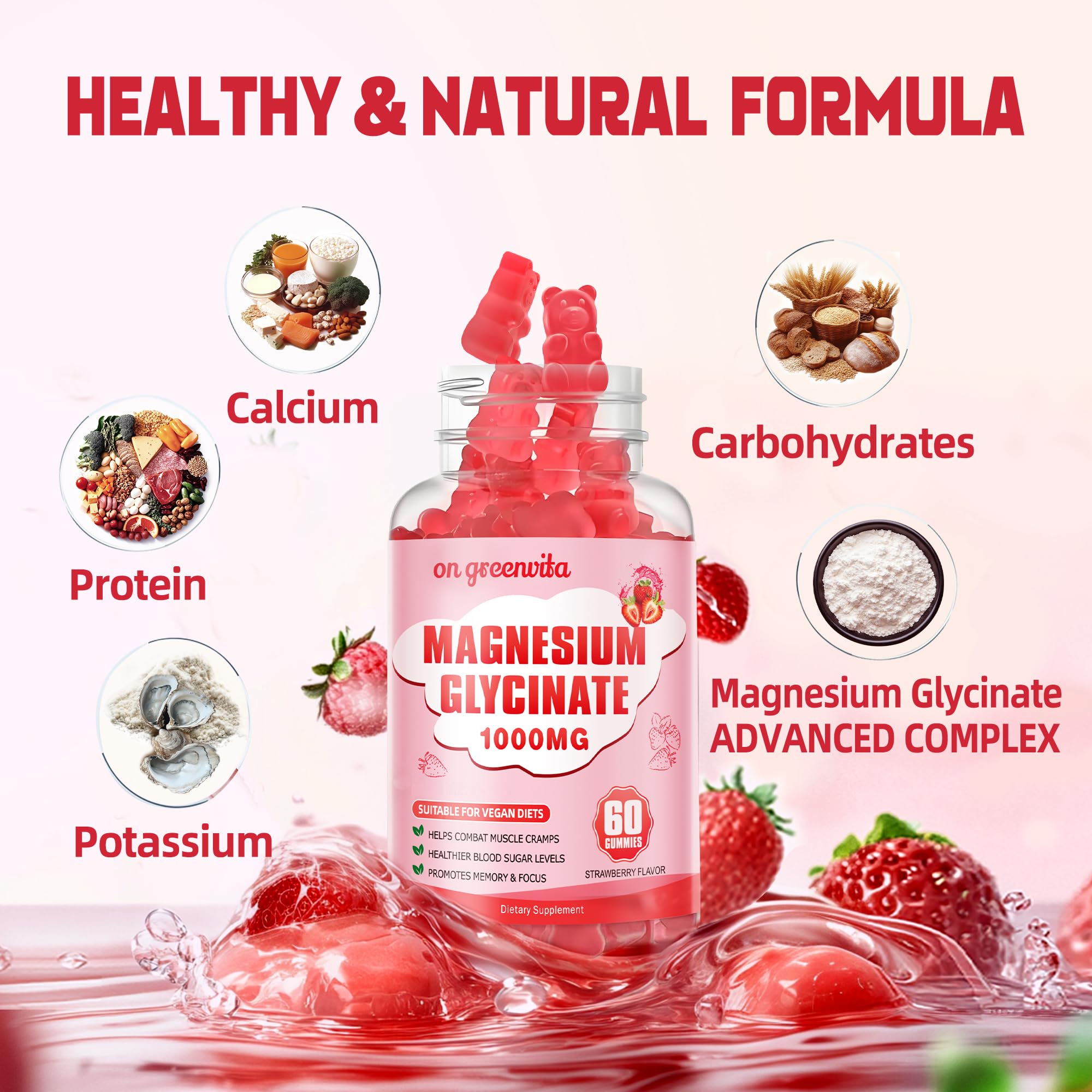 On Greenvita Magnesium Glycinate Gummies strawberry close-up showing sugar-free chewables.
