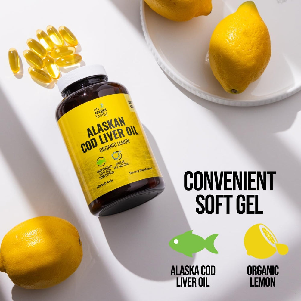 On Target Living omega-3 DHA/EPA rich cod liver oil capsules for daily wellness.