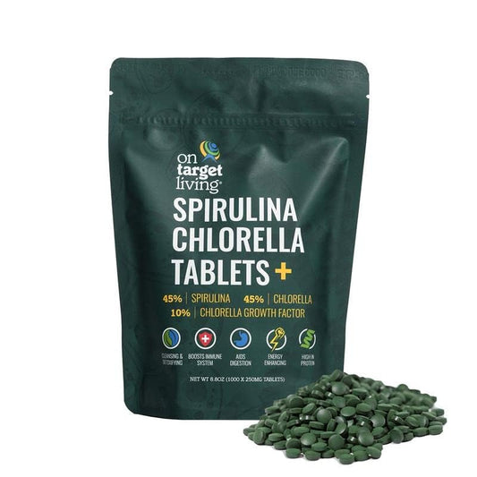On Target Living spirulina chlorella CGF bottle front showing the easy tablet format.