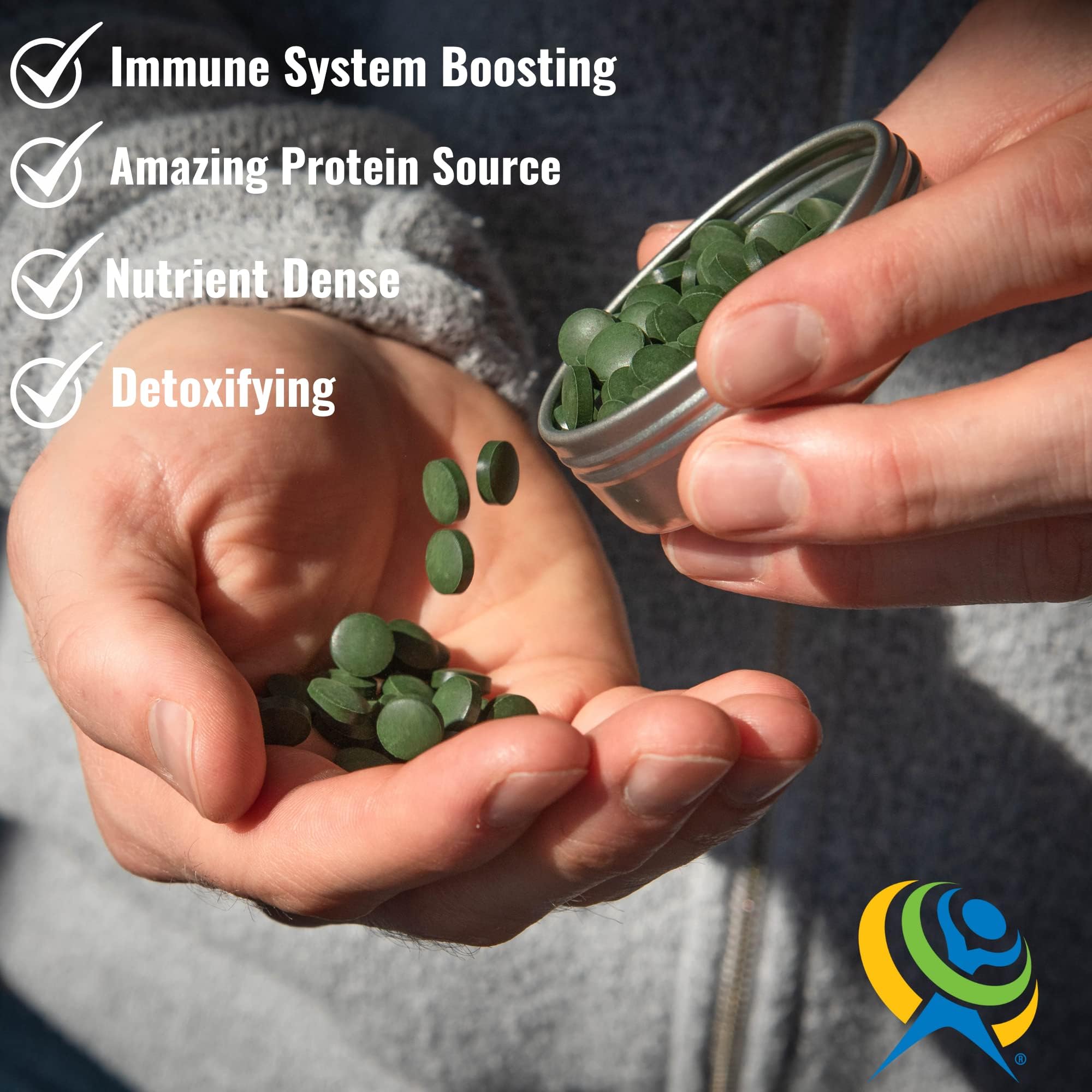 Daily use scene with On Target Living spirulina chlorella CGF tablets.