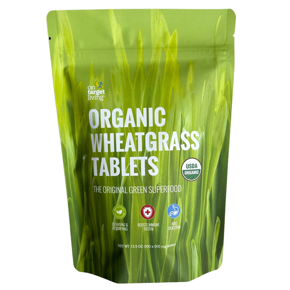 On Target Living Wheatgrass Tablets bottle for daily greens support.