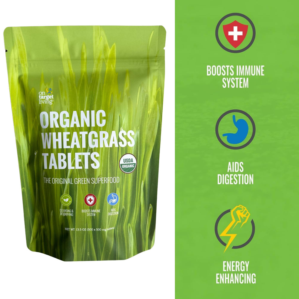 On Target Living Wheatgrass Tablets close-up showing organic formulation.