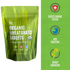 On Target Living Wheatgrass Tablets close-up showing organic formulation.