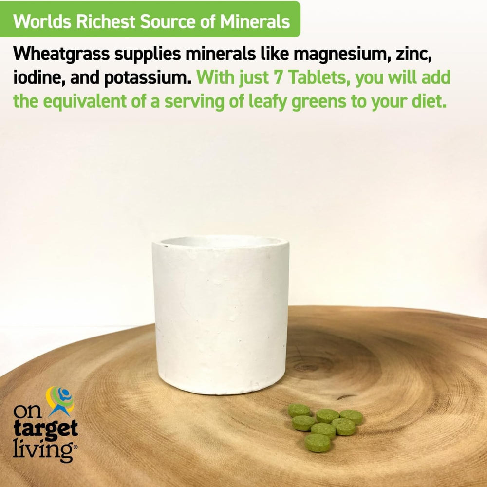 On Target Living Wheatgrass Tablets packaging on kitchen counter.