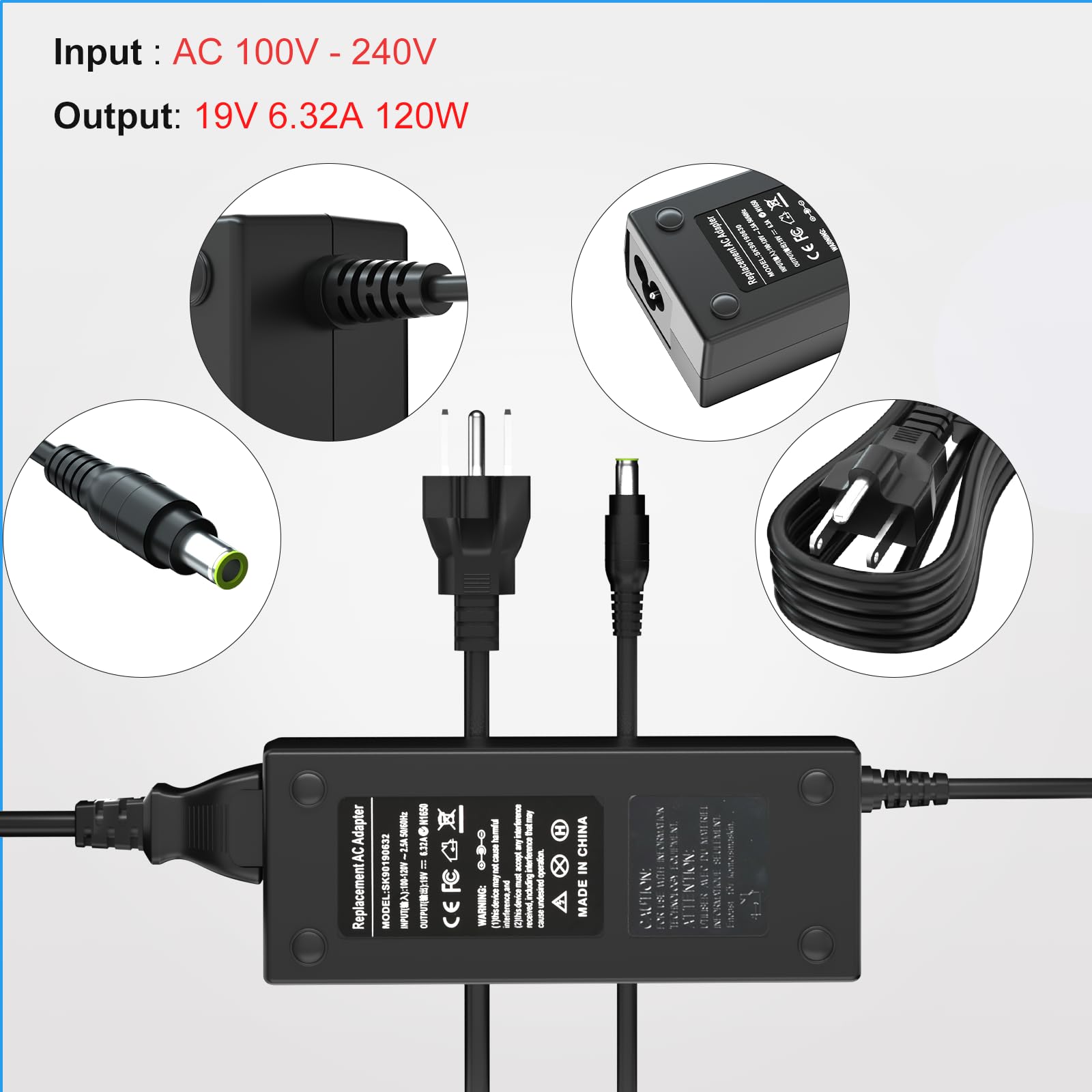 Onadrive 120W charger side view with connector; broad compatibility across Inogen One models.