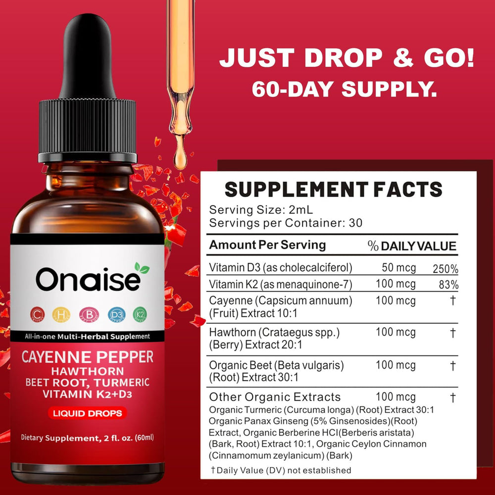 ONAISE Cayenne Drops dropper pouring liquid for quick, gentle absorption