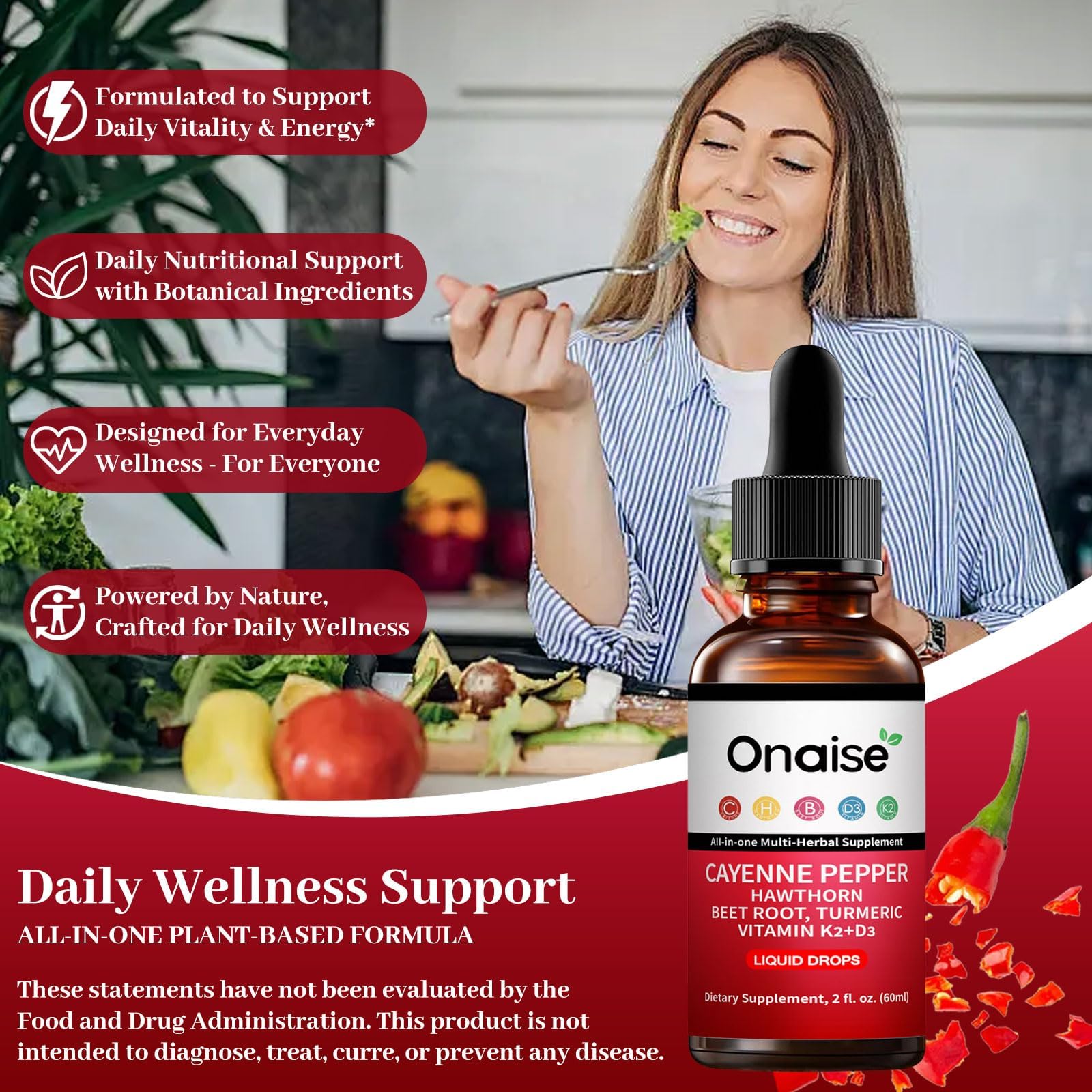 ONAISE Cayenne Drops with Hawthorn and Beet Root ingredients for a balanced daily routine