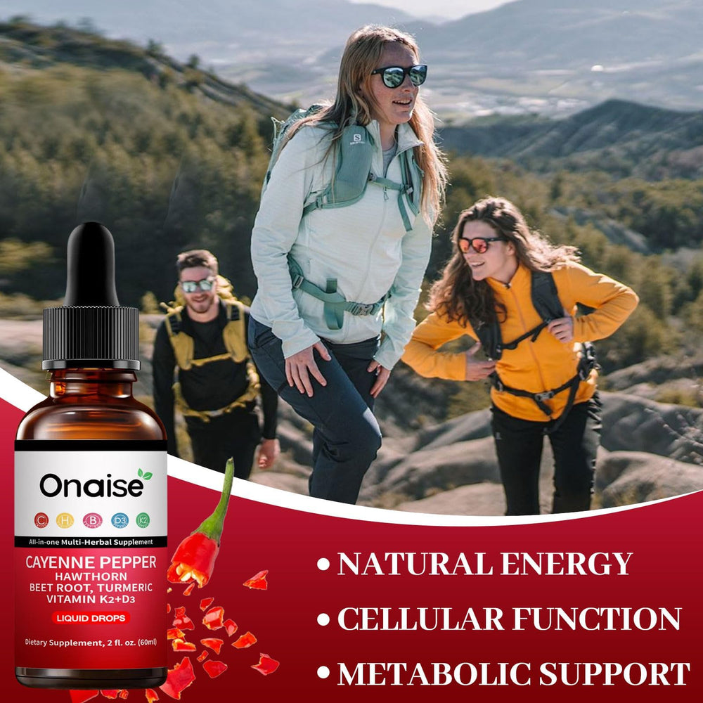 ONAISE Cayenne Drops being mixed into a beverage for easy consumption