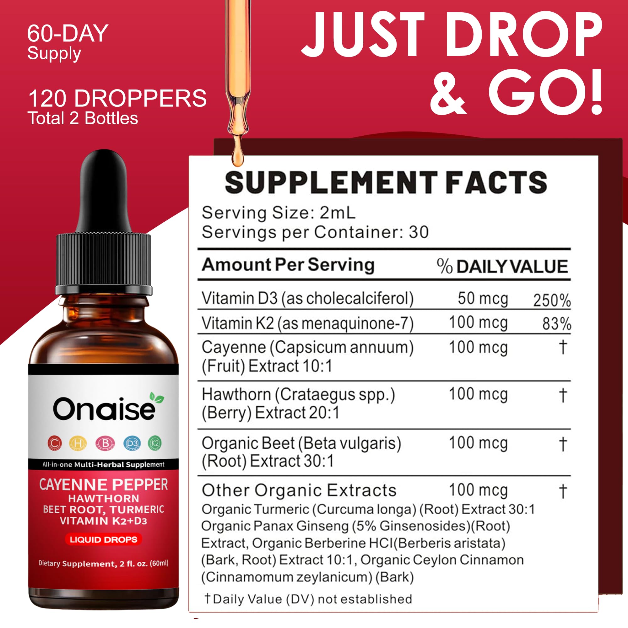 ONAiSE Cayenne Pepper Drops dropper close-up for easy dosing.