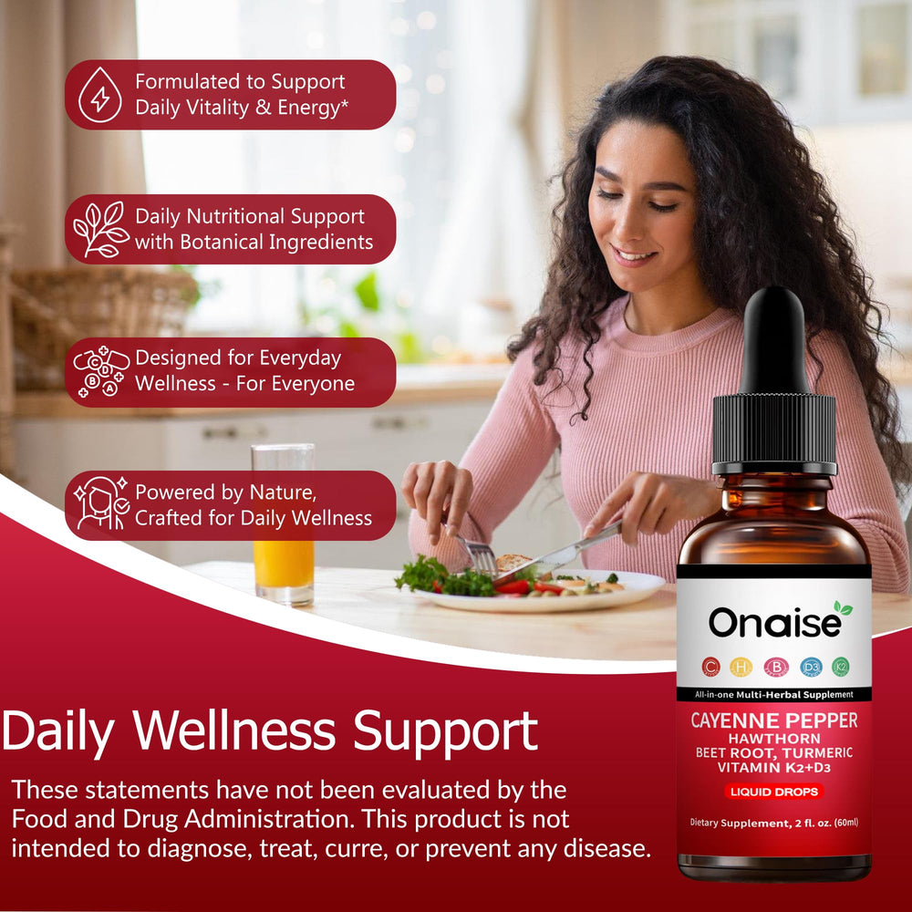 ONAiSE Cayenne Pepper Drops ingredients label highlighting herbal blend.