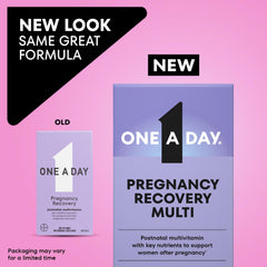 ONE A DAY Postnatal bottle label shows essential nutrients for new moms
