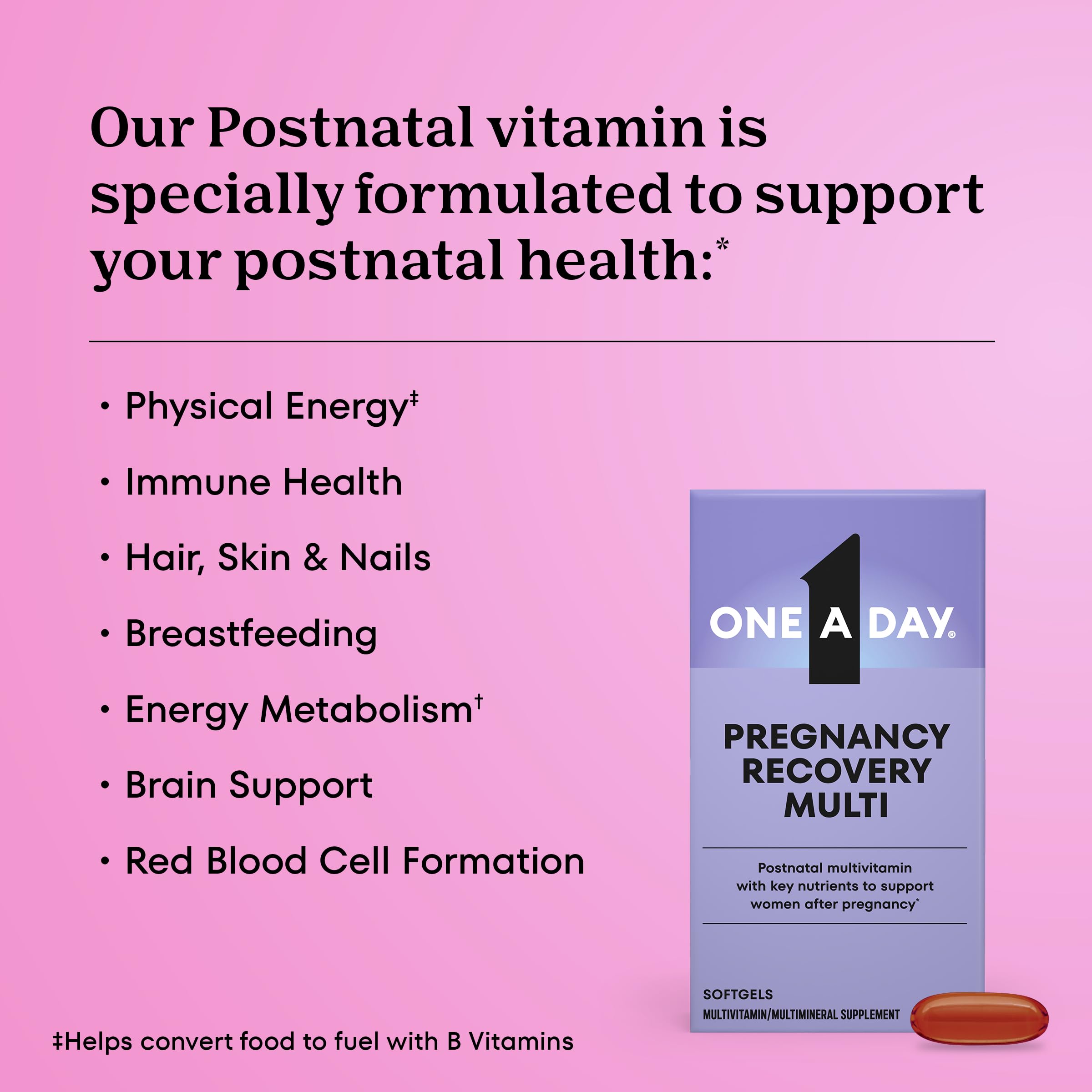 ONE A DAY Postnatal softgel capsules ready for daily use supporting energy