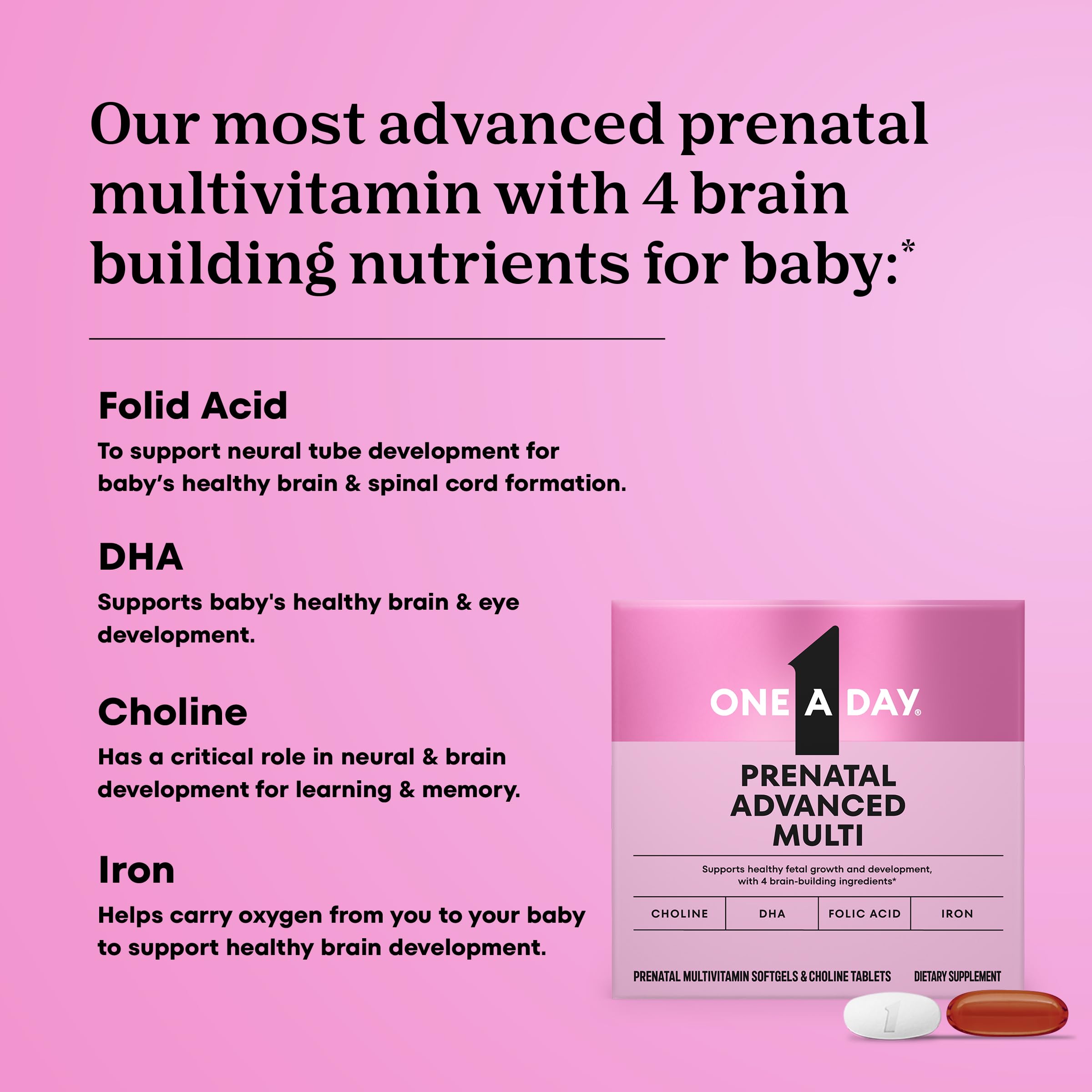 One A Day Prenatal Advanced bottle close-up with capsules and tablets