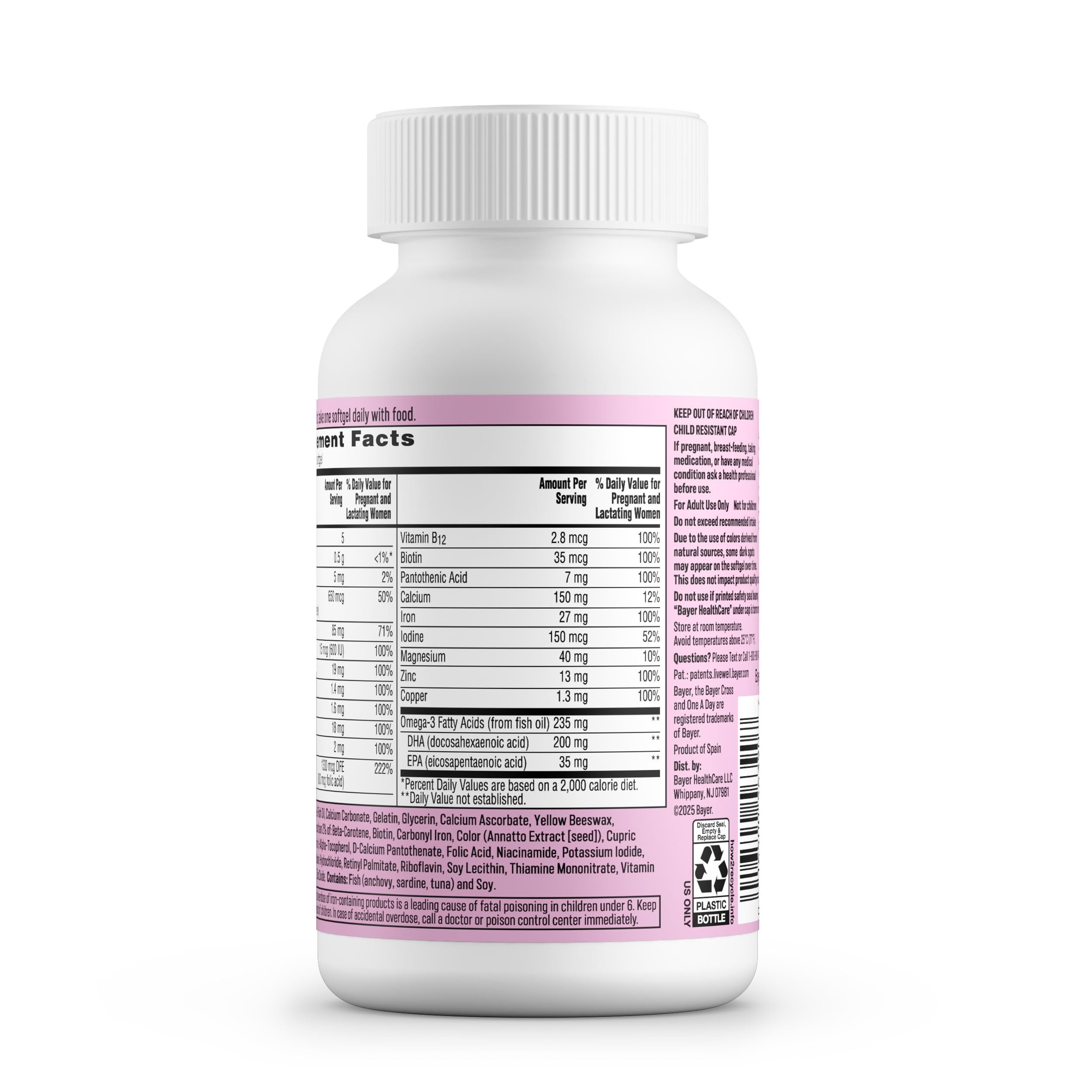 One A Day Prenatal daily-use routine: take one softgel with food.