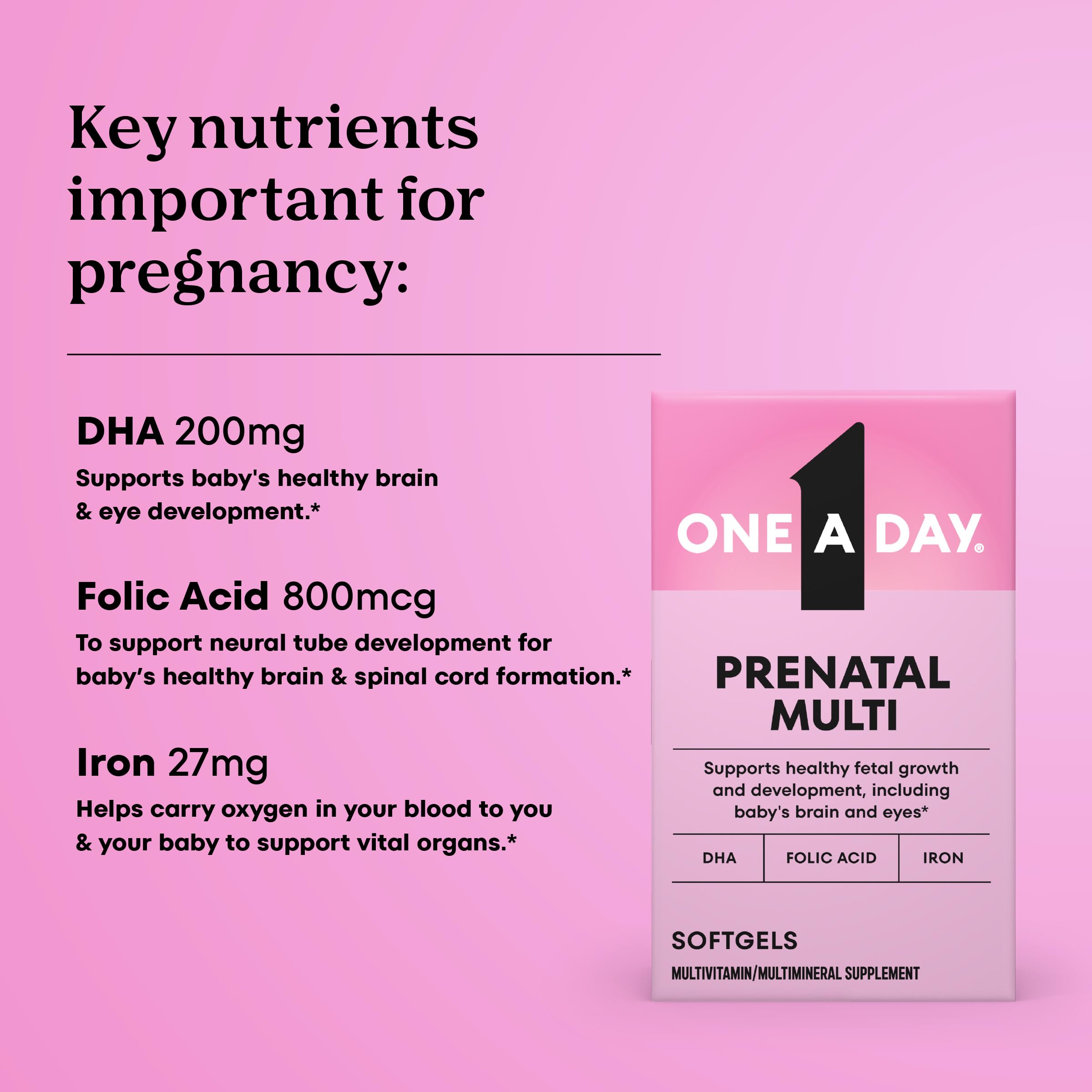 One A Day Prenatal DHA omega-3 capsule highlighting fatty acid support.