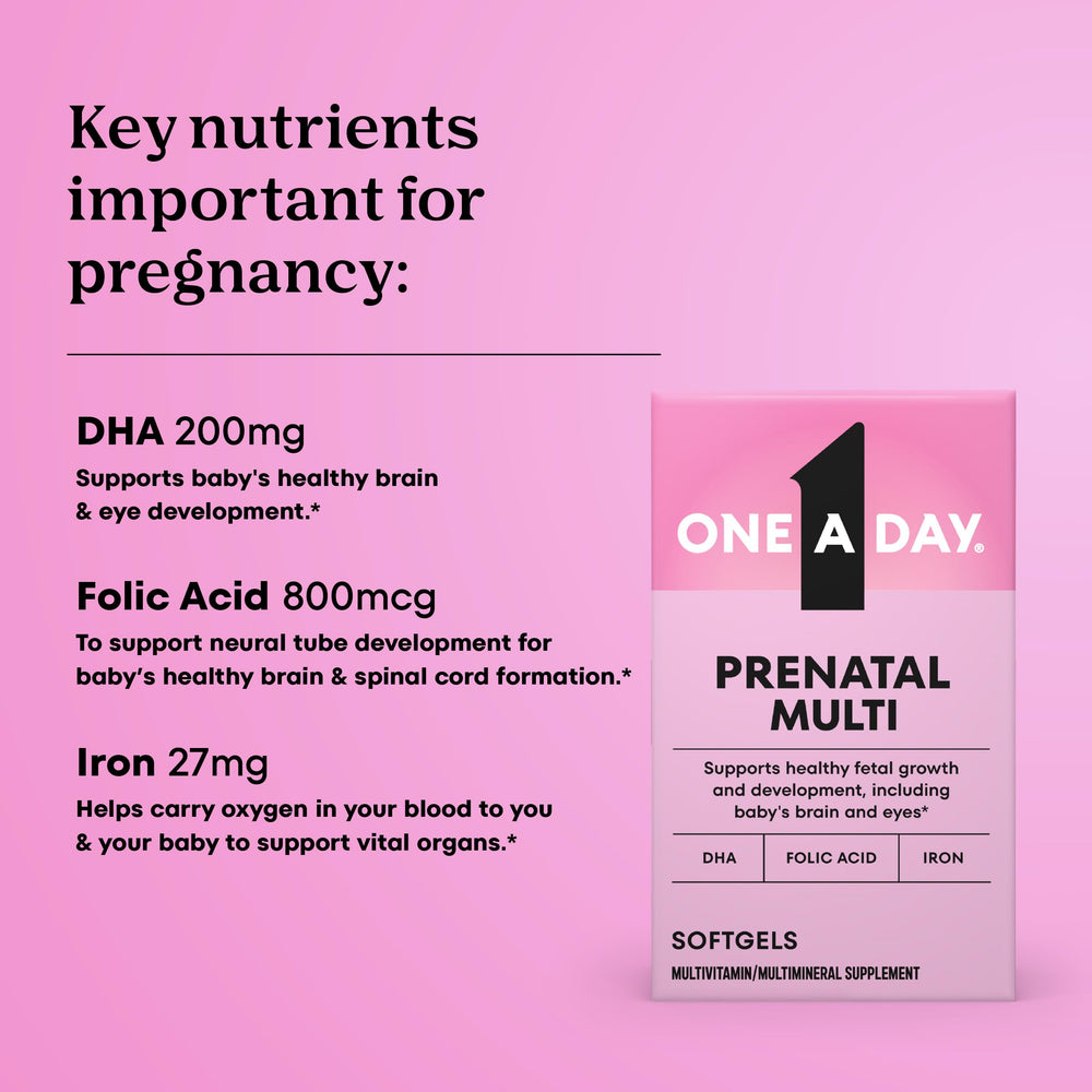 One A Day Prenatal DHA omega-3 capsule highlighting fatty acid support.