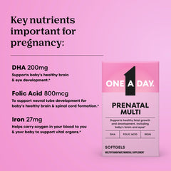 One A Day Prenatal DHA omega-3 capsule highlighting fatty acid support.