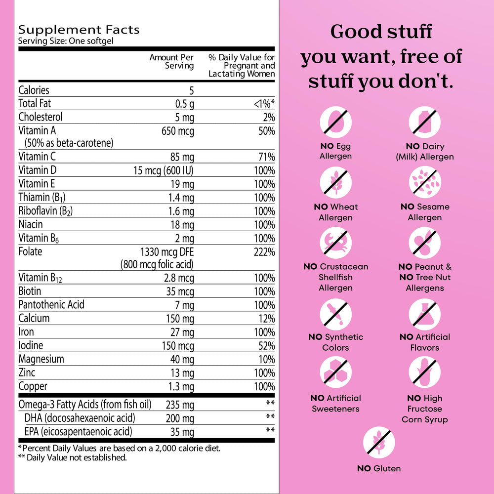 One A Day Prenatal ingredient panel with 19 essential nutrients.
