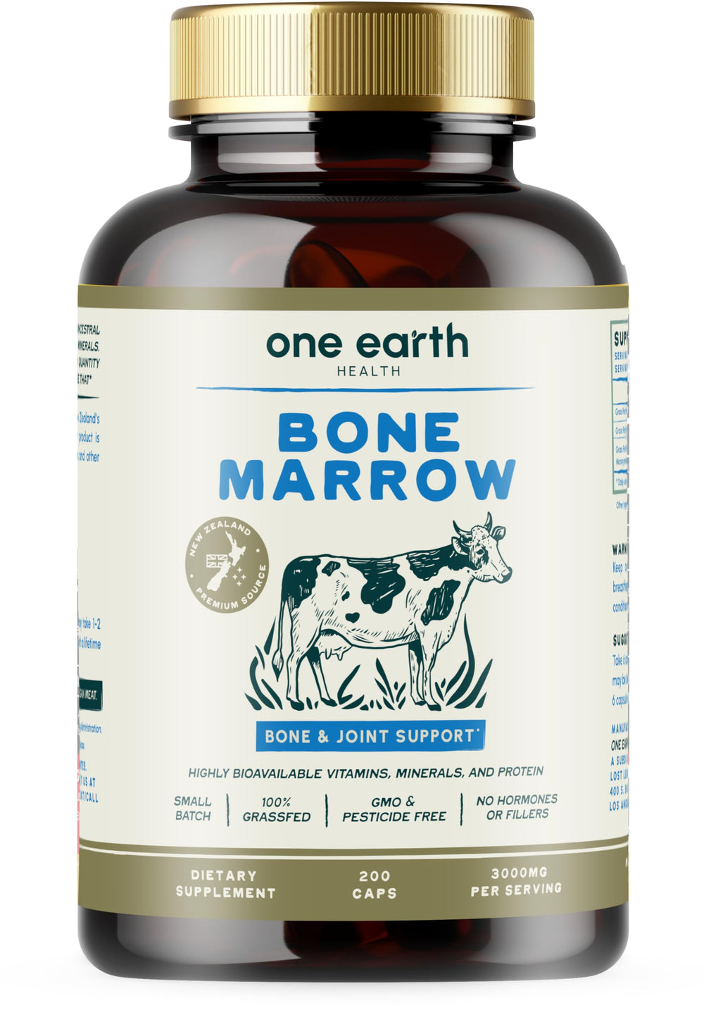 One Earth Health bone marrow supplement bottle highlights grass-fed sourcing.