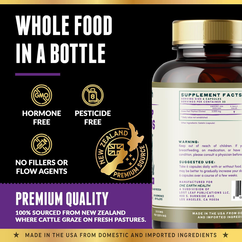 One Earth Health thymus purity label — no fillers, hormone-free formula.