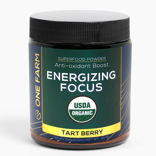 One Farm Energizing Focus bottle with tart berry flavor for daytime focus
