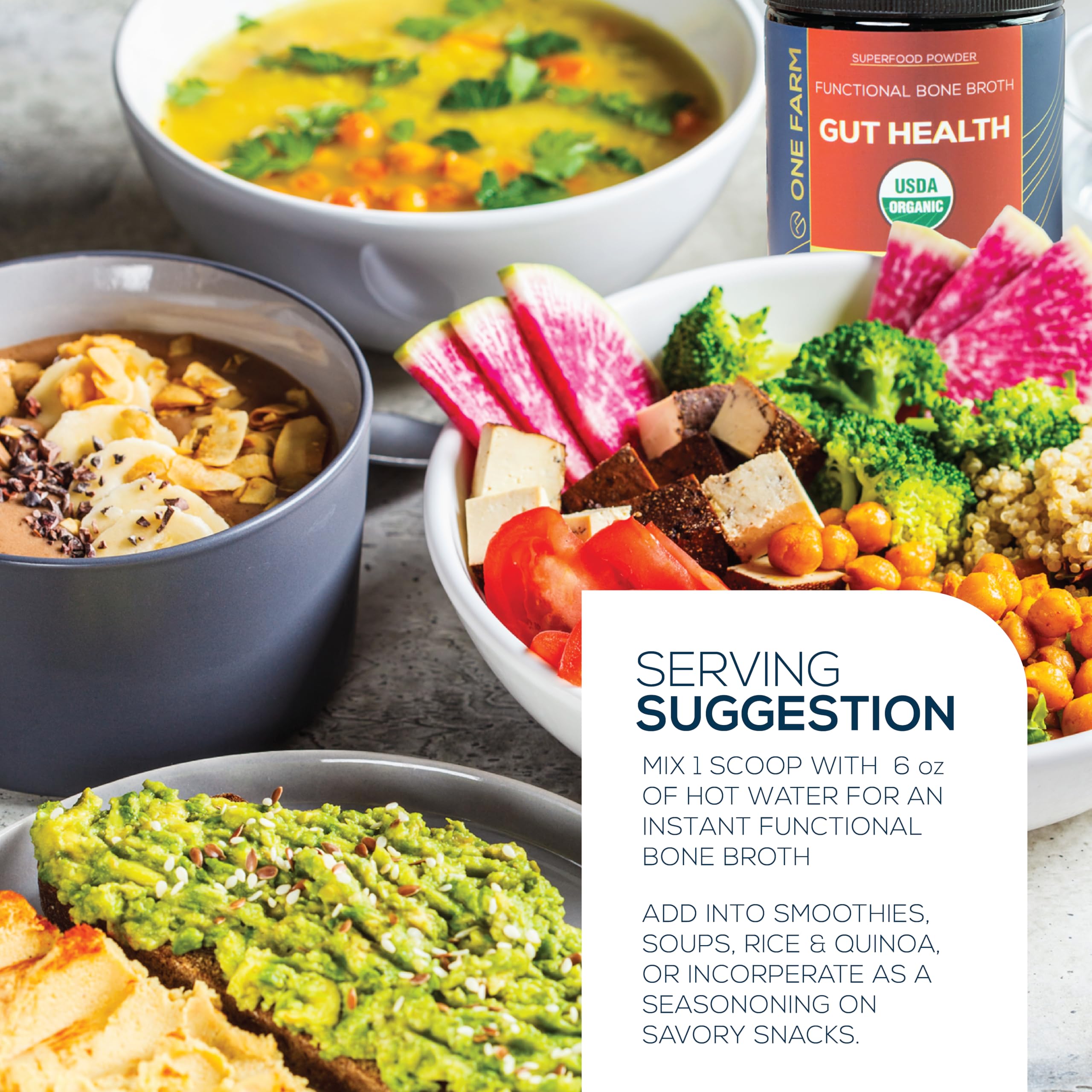 One Farm prebiotic powder scoop supports easy daily gut nourishment.