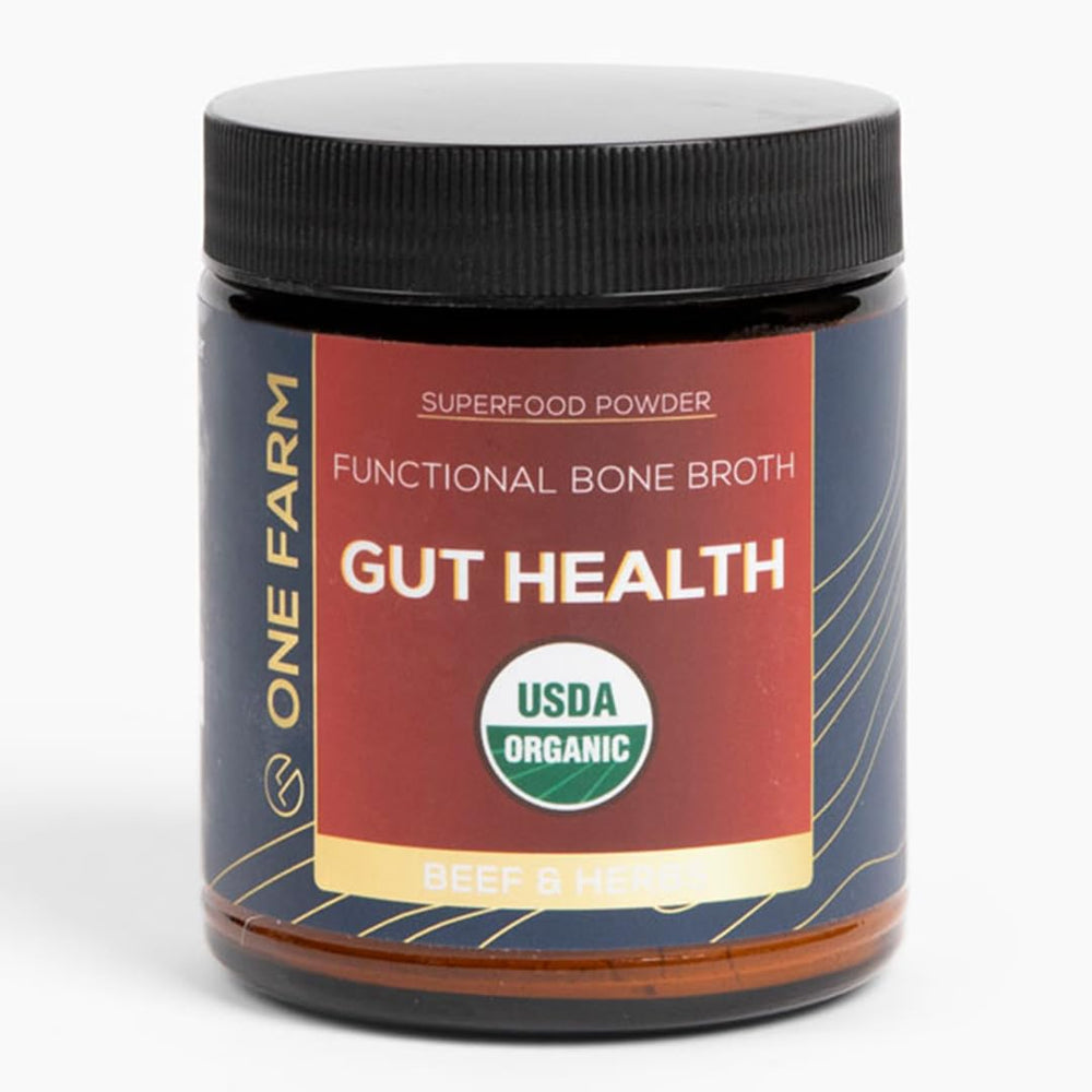 One Farm Superfood bottle label shows organic gut blend and traceability for daily gut support.