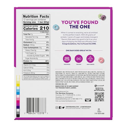 ONE Fruity Cereal protein bar nutrition facts panel shows 20 g protein and 1 g sugar
