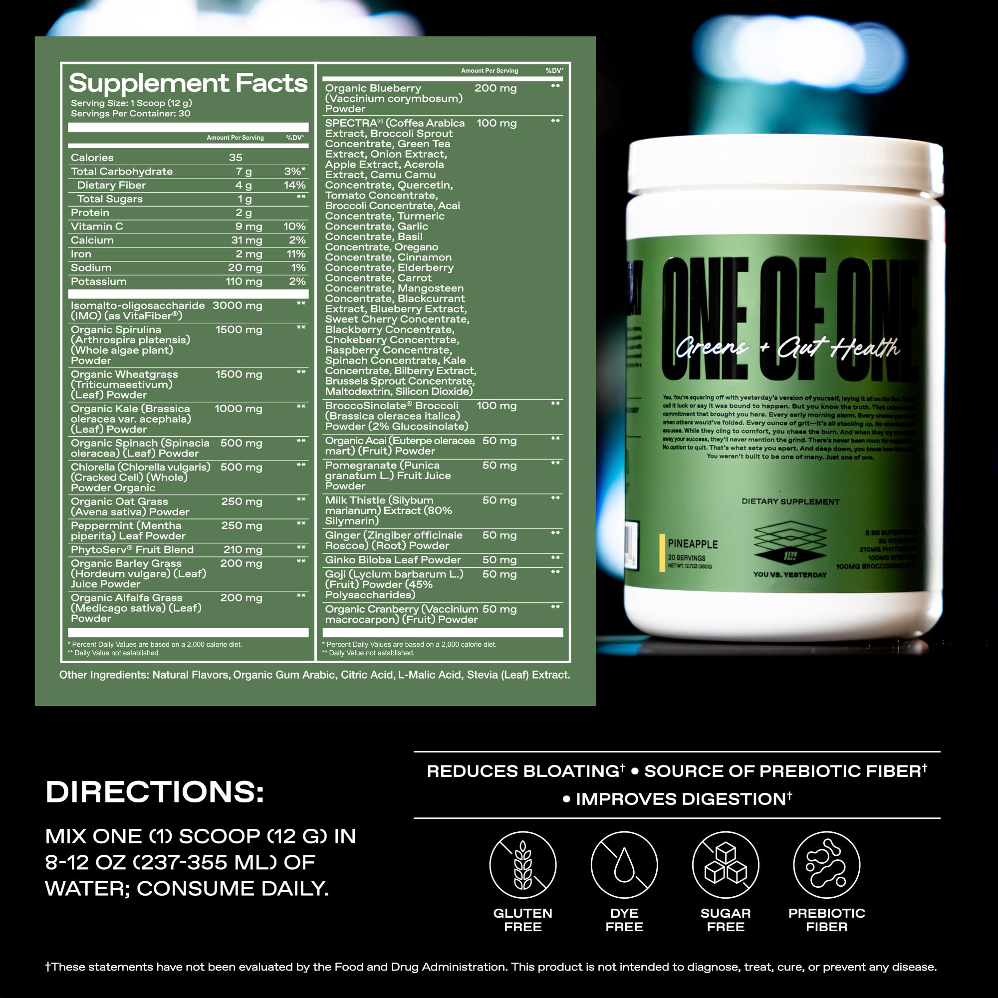 ONE OF ONE Greens & Gut Health USA-made packaging underscoring quality and safety.