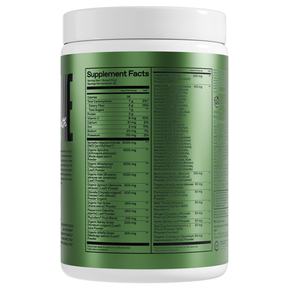 ONE OF ONE Greens & Gut Health label close-up showing digestive enzymes for digestion support.